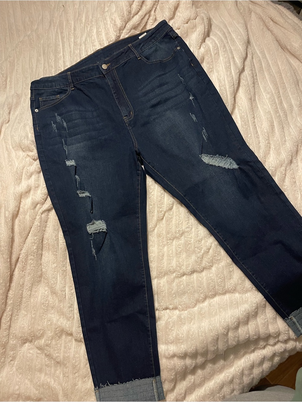 SHEIN Dark Blue Distressed Boyfriend Jeans
